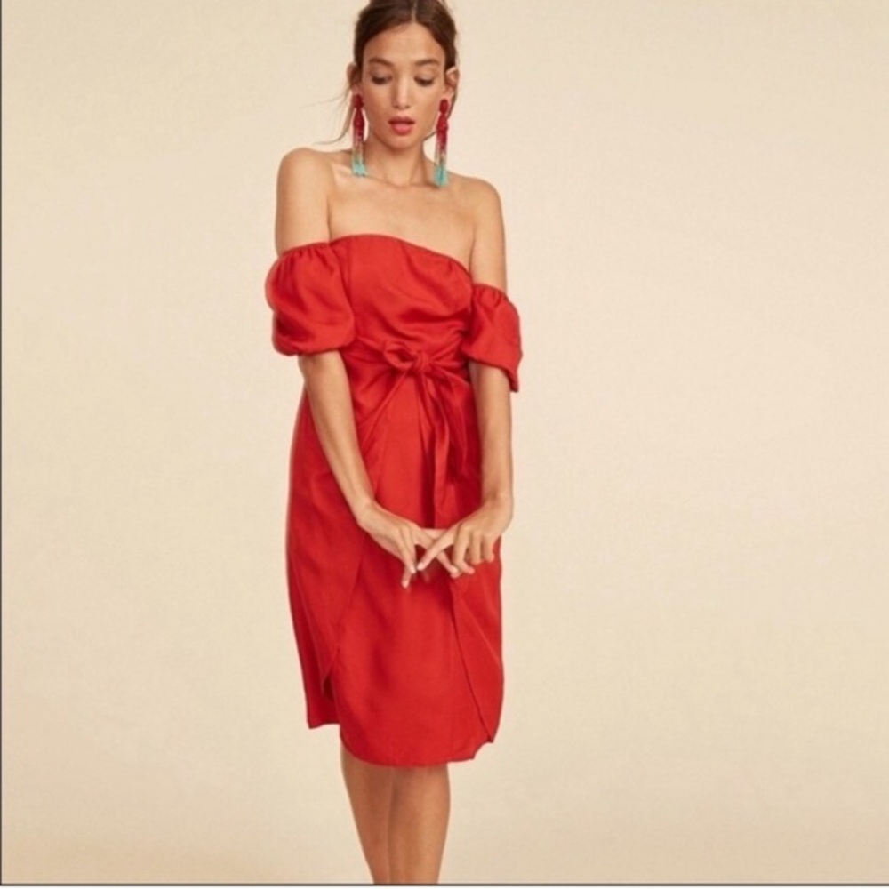LPA The Label Dress 146 red tie front off shoulder puff sleeve linen viscose S